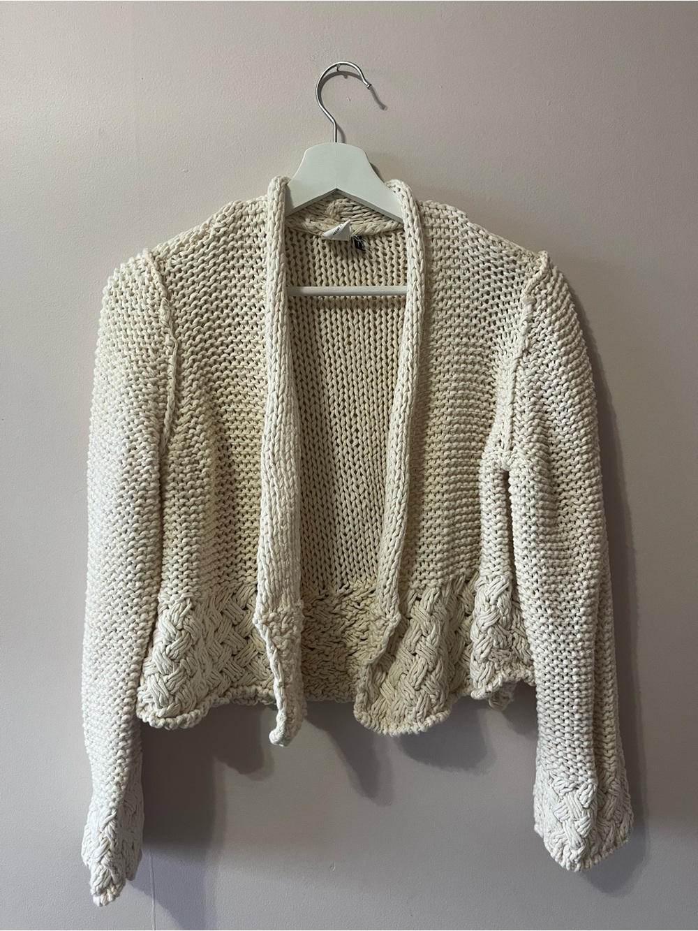 Anthropologie Cream Open-Front Braided Hem Knit Cardigan